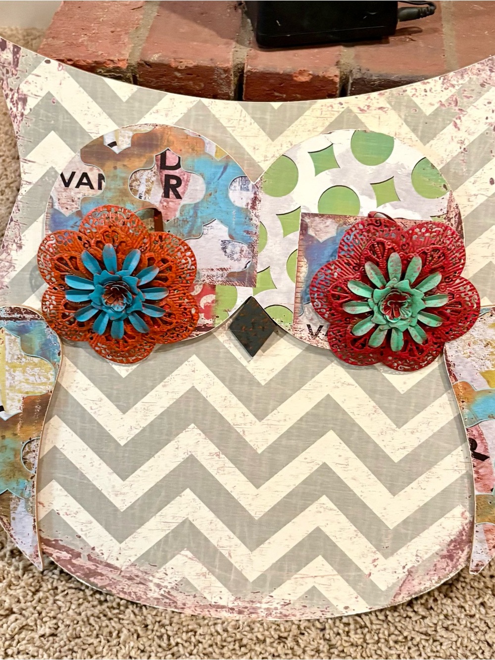 Decorative Chevron Owl Wood and Metal Wall Art with Colorful Flower Accents